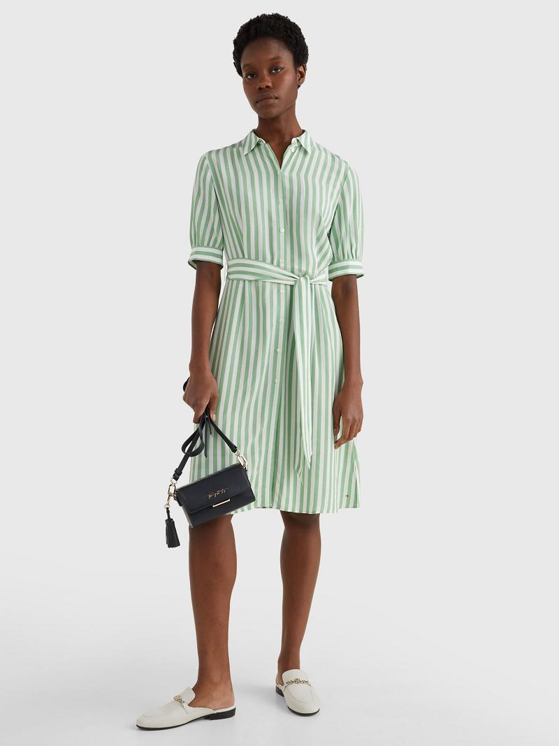 Női Tommy Hilfiger Stripe Tie-Derekú Shirtdress Dresses Zöld | HU 128GSO